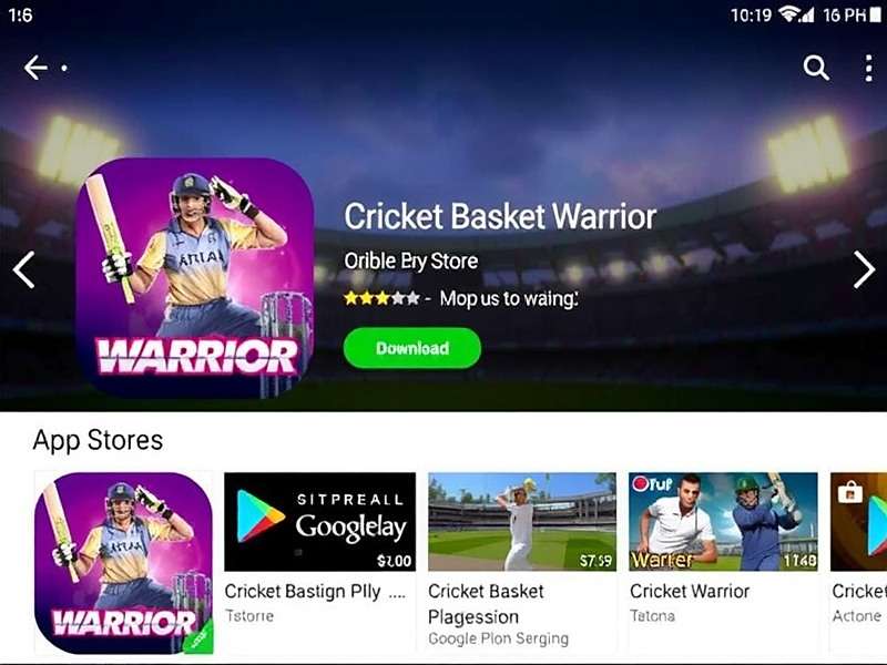 Cricket Basket Warrior download page showing the app on Google Play Store and App Store