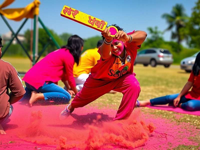 Cricket Basket Warrior Holi Hungama Challenge showing colored trails and gulal